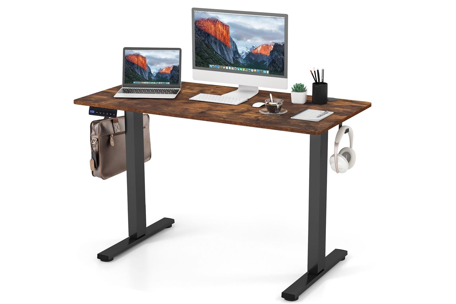View Bradville Brown Height Adjustable SitStand Rectangular Office Desk 120cm x 60cm 80kg Max Load 3Memory Heights LED Display Adjustable Feet information