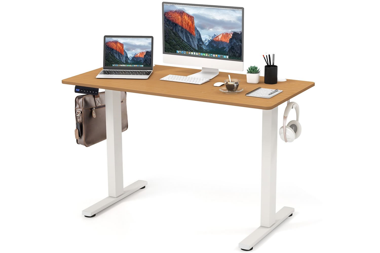 View Bradville Natural Height Adjustable SitStand Rectangular Office Desk 120cm x 60cm 80kg Max Load 3Memory Heights LED Display Adjustable Fee information