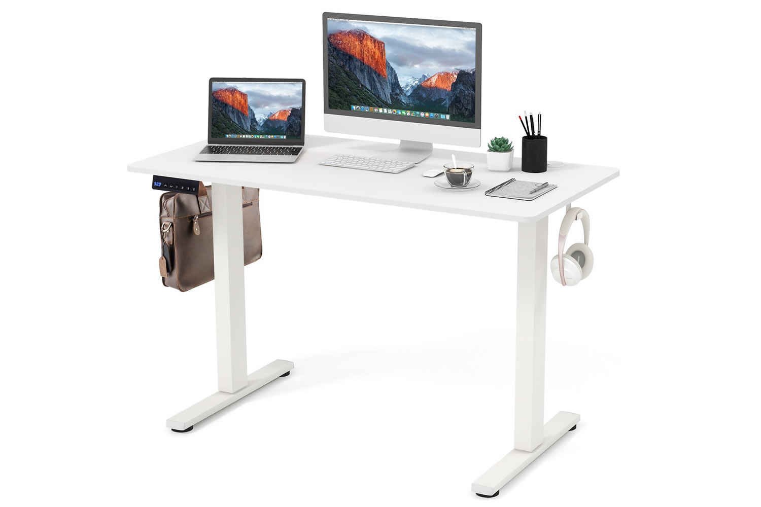 View Bradville White Height Adjustable SitStand Rectangular Office Desk 120cm x 60cm 80kg Max Load 3Memory Heights LED Display Adjustable Feet information