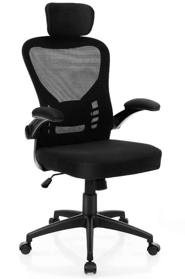 View Dallas Black HeavyDuty Mesh Office Chair Deeply Padded Fabric Seat Headrest Folding Armrests Height Adjustable Lumber 150kg Weight Capacity information