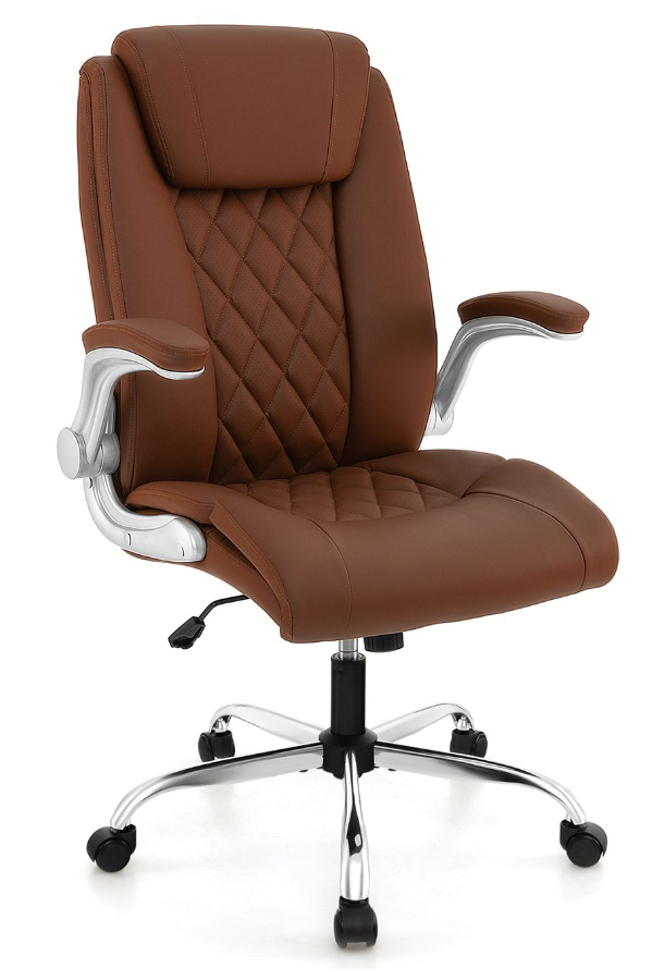 View Stanley Brown Leather HeavyDuty Ergonomic Office Chair Deeply Padded Seat Backrest Quilted Design Folding Armrests Weight Tested to 150kg information