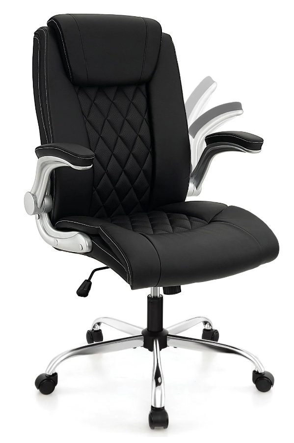 View Stanley Black Leather HeavyDuty Ergonomic Office Chair Deeply Padded Seat Backrest Quilted Design Folding Armrests Weight Tested to 150kg information