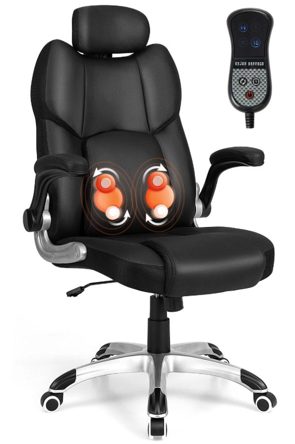 View Burwell Black Leather Office Chair Massage Function With Remote Removable Lumbar Cushion Height Angle Adjustable Headrest FlipUp Arms information