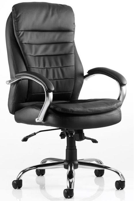 View Goliath Black Leather Heavy Duty Office Chair Deeply Padded Pillow Topped Wide Seat Extra Comfy Padded Loop Arms Chrome Frame information