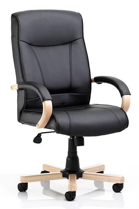 View Black Leather High Back Home Office Chair Light Oak Wooden Frame Easy Glide Castors Deeply Padded Height Adjustable Seat Kingston information