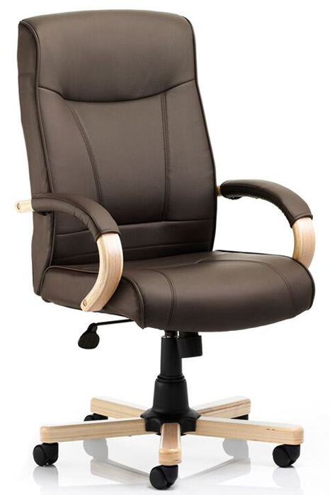 View Brown Leather Executive Home Office Chair With Wooden Frame Padded Wooden Loop Arms Reclining Backrest Deeply Padded Height Adjustable Seat information
