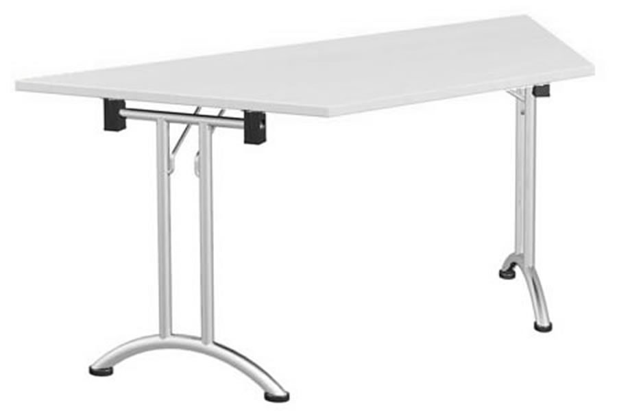 View White Trapezoidal Folding Home Office Meeting Table 25mm Scratch Resistant Work Top Chrome Steel Folding Legs Easily Stores information