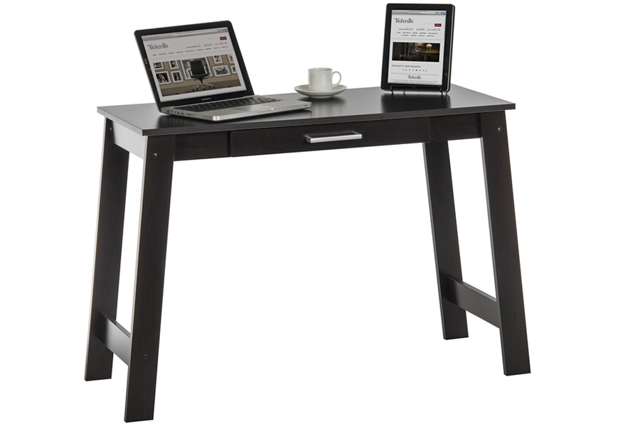 View Straight Rectangular Dark Wood Trestle Home Office Computer Side Table PC Laptop Table With Storage Drawer W110cm x D44cm information