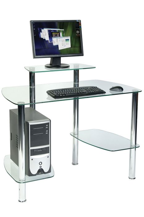 View Glass Compact Small Computer Home Office Student Study Workstation Toughened Glass with Monitor Riser CPU Storage Modern Chrome Legs information