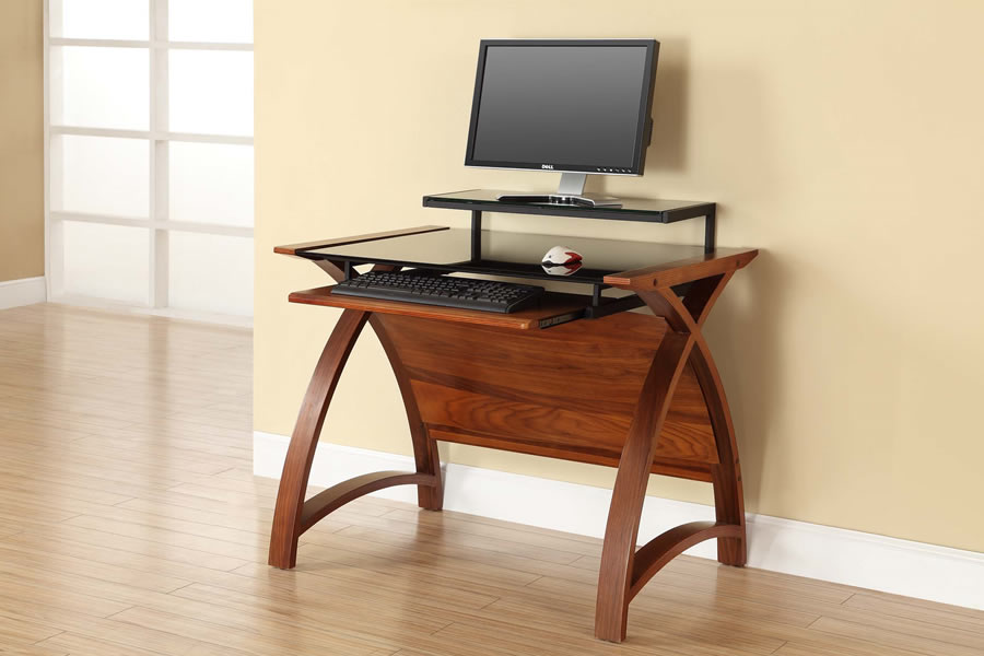 View Contemporary Walnut Small Home Office Curved Workstation Computer Desk With Glass Top 90cm Width Walnut Frame With Black Desk Surface Jual information