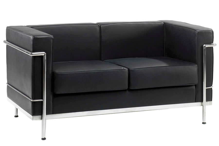 View Leather Two Seater Deeply Padded Office Reception Sofa Bright Steel Chrome Frame Removable Seats information