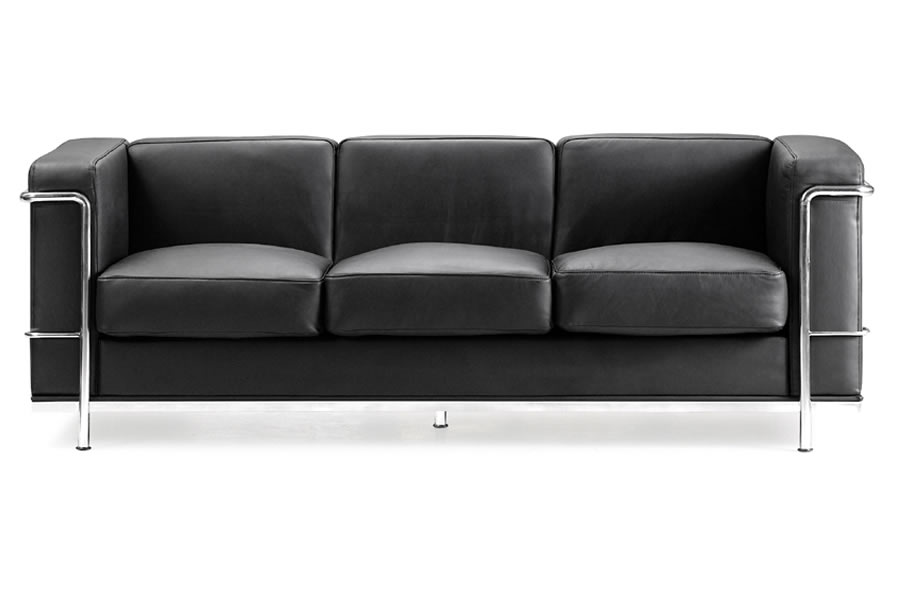 View Retro Cube Office Reception 3 Seater Sofa Black Faux Leather Deeply Padded Seat Back Cushions Modern Stylish Chrome Frame information
