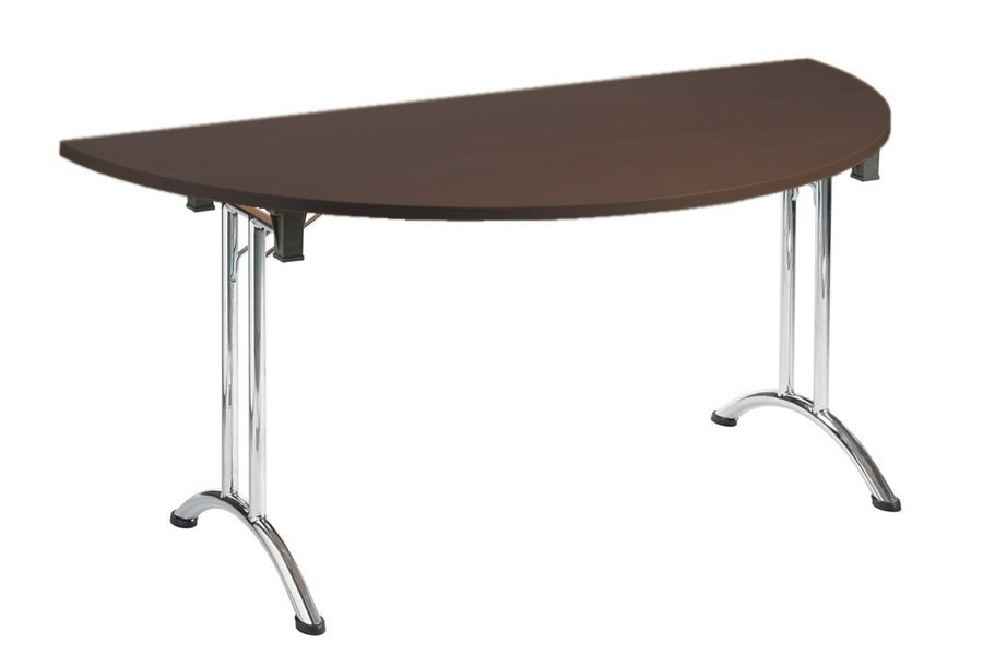 View Walnut Finish 160cm SemiCircular MultiPurpose Folding Meeting Table Chrome Base Fold For Easy Storage Scratch Resistant Surface Solar information